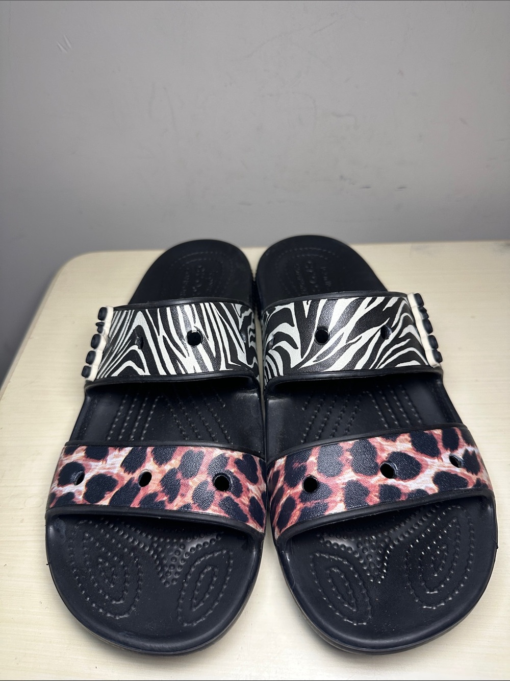CROCS Black Slides with Zebra & Leopard Straps animal remix sandals